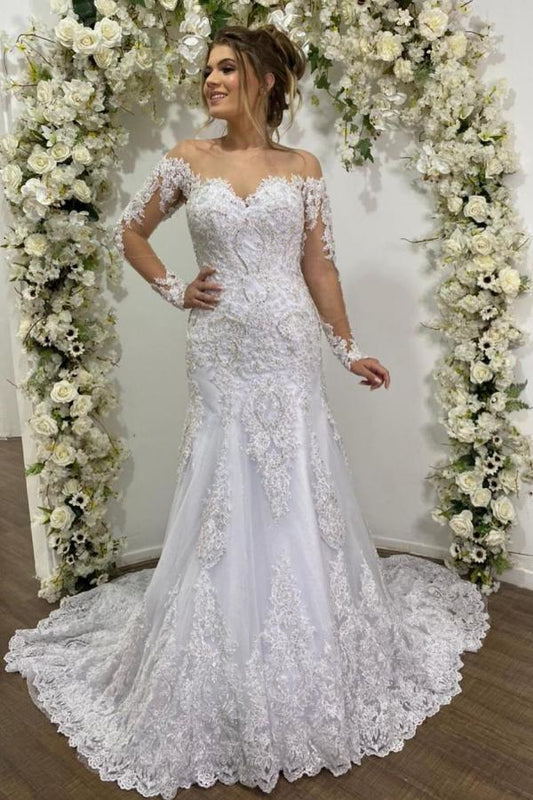 Mermaid Lace Wedding Dress Featuring Elegant Tulle Sleeves and Off-the-Shoulder Design