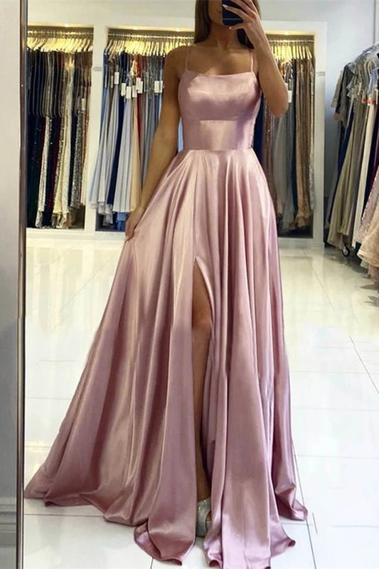Gorgeous Spaghetti-Straps Pink Long Prom Dress With Slit