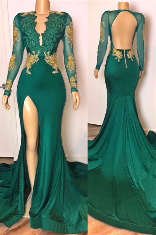 Fabulous Emerald Green Mermaid Long Sleeves Prom Dress Split With Lace Appliques