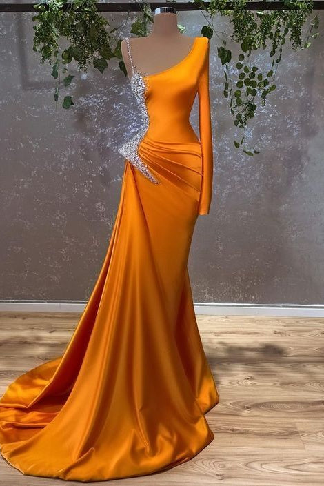 Modern Burnt Orange Long Sleeves Mermaid Prom Dress With Beads