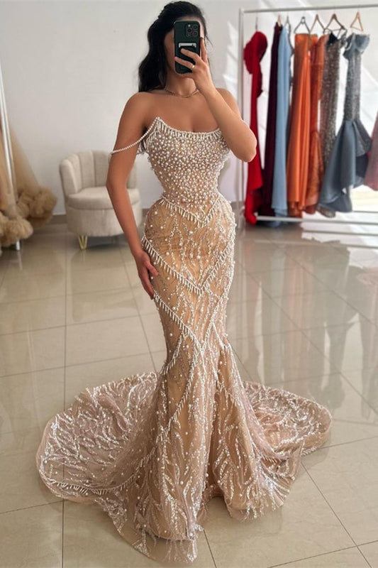 Beautiful Champagne Spaghetti-Straps Prom Dresses With Pearls