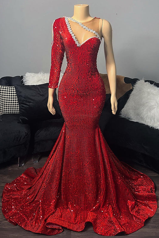 Modern Red Sequins Prom Dresses Mermaid Long Sleeve One Shoulder With Beads