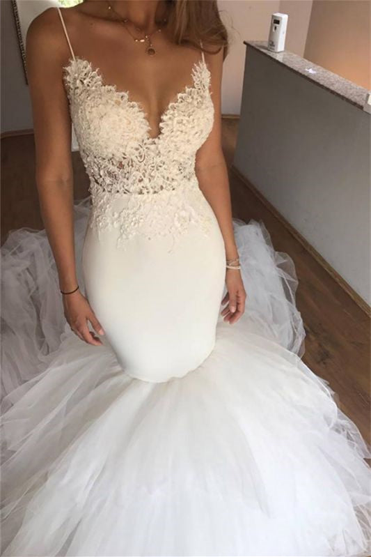 Mermaid Wedding Dress with Long Spaghetti Straps and Appliques