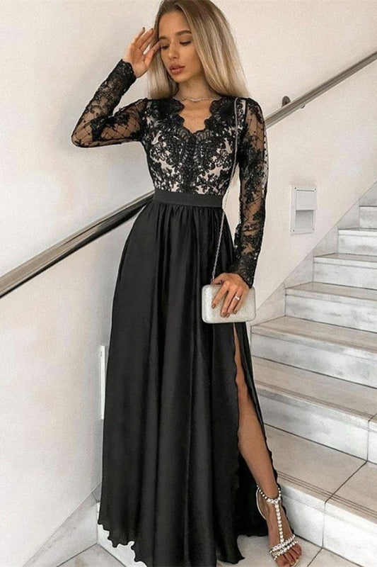 Amazing Black Long Sleevs Split Prom Dress With Lace Appliques