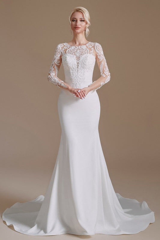 Elegant Long Mermaid Jewel Wedding Dress in Satin Lace With Sleeves