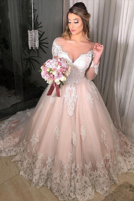 Elegant Princess Wedding Dress with Off-the-shoulder Long Sleeves and Floral Tulle Lace Appliques