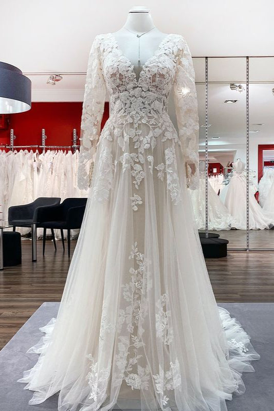 Elegant Ivory A-line Wedding Dress with Long Lace Sleeves and Open Back Tulle Details