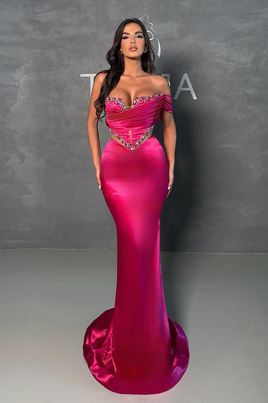 Chic Fuchsia Off-The-Shoulder Mermaid Prom Dress With Sequins Beadings