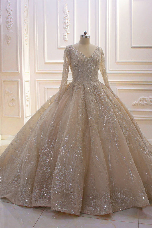 Elegant V-neck Ball Gown with Long Sleeves, Sequins, Beading, and Ruffles