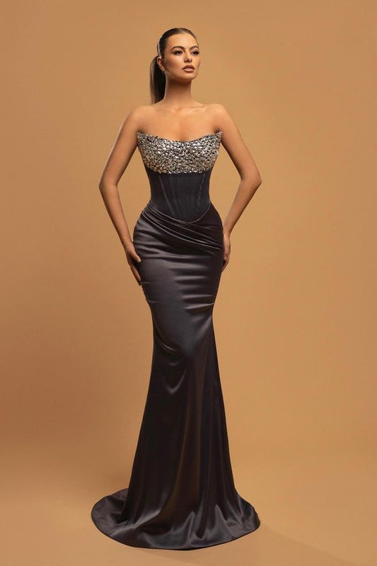 Modern Strapless Mermaid Prom Dresses Sleeveless Long With Crystal