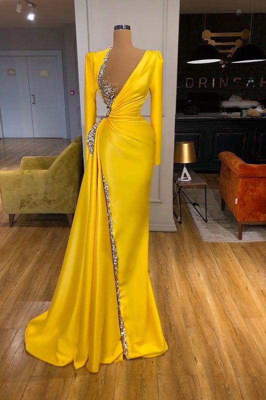 Gorgeous Long Sleeves Yellow Prom Dress With Beads Sequins