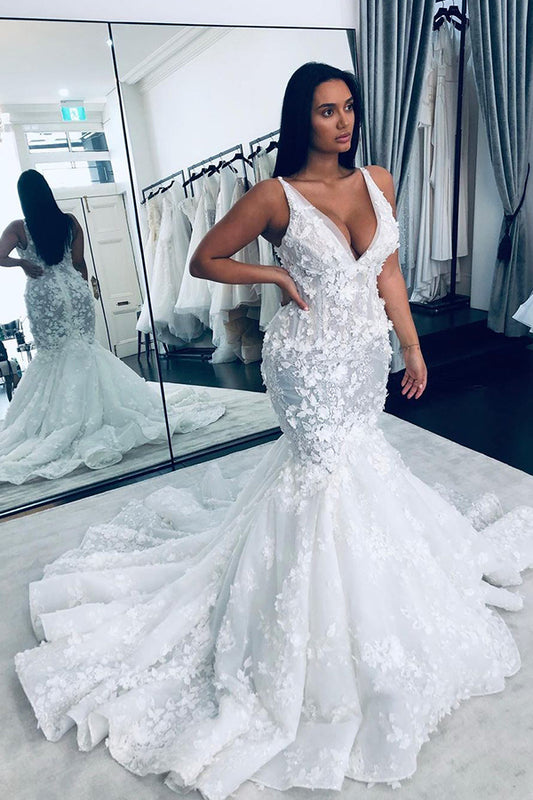 Floral Mermaid V-neck Wedding Dress with Glamorous Beaings Straps