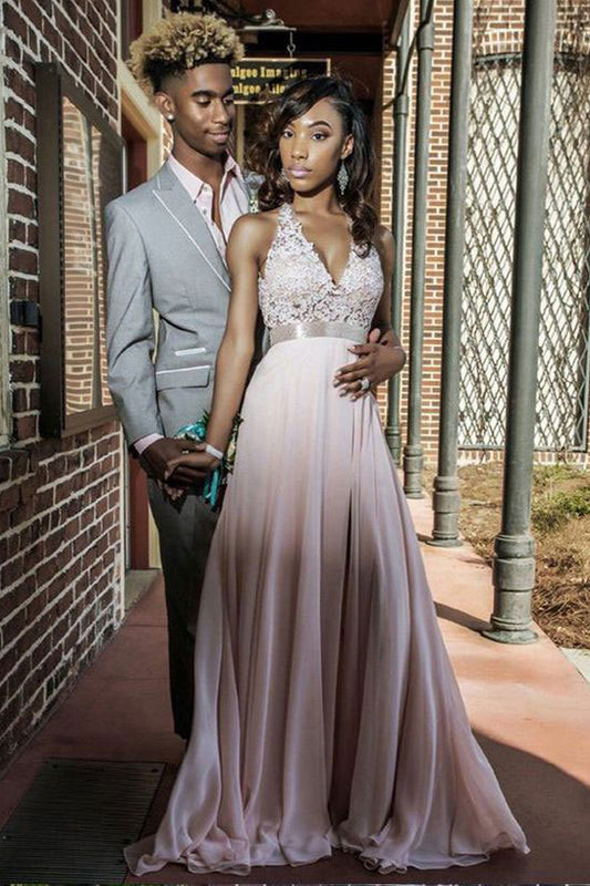 Gorgeous Halter V-Neck Sleeveless Prom Dress Long Chiffon