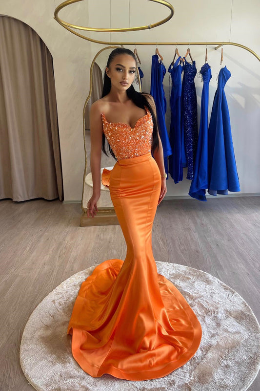 Chic Orange Sweetheart Sleeveless Mermaid Prom Dress With Sequins