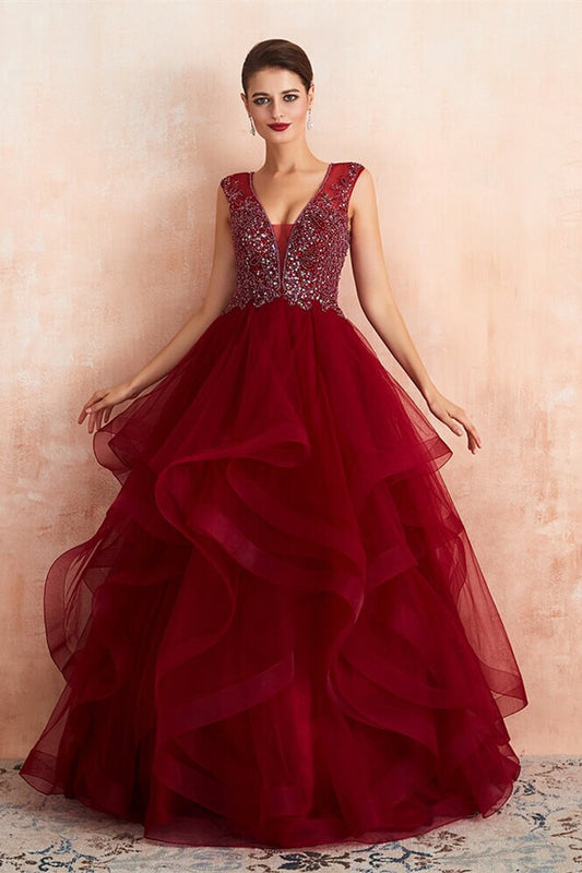 New Arrival Burgundy V-Neck Prom Dress Tulle Long With Beads Online