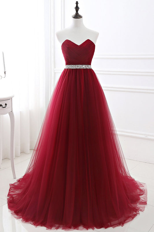 Burgundy Sweetheart Tulle Long prom Dress Crystal