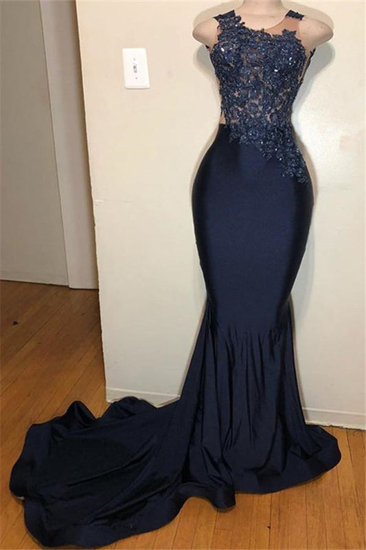 Gorgeous Dark Navy Appliques Mermaid Prom Dress Long Sleeveless