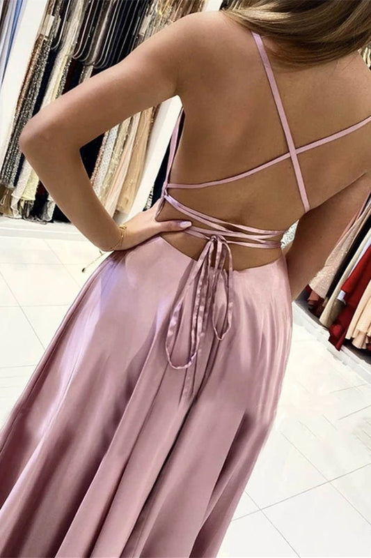 Gorgeous Spaghetti-Straps Pink Long Prom Dress With Slit