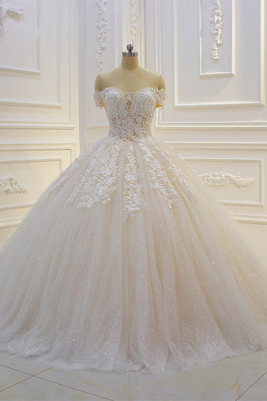 Off-The-Shoulder Sequin Sweetheart Ball Gown Wedding Dress with Lace Appliques
