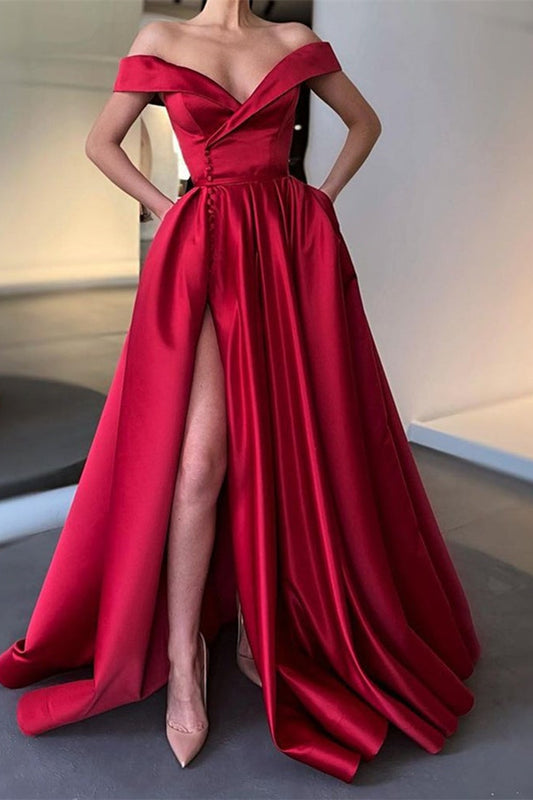 Fabulous Off-the-Shoulder Long Split Prom Dress With Pockets