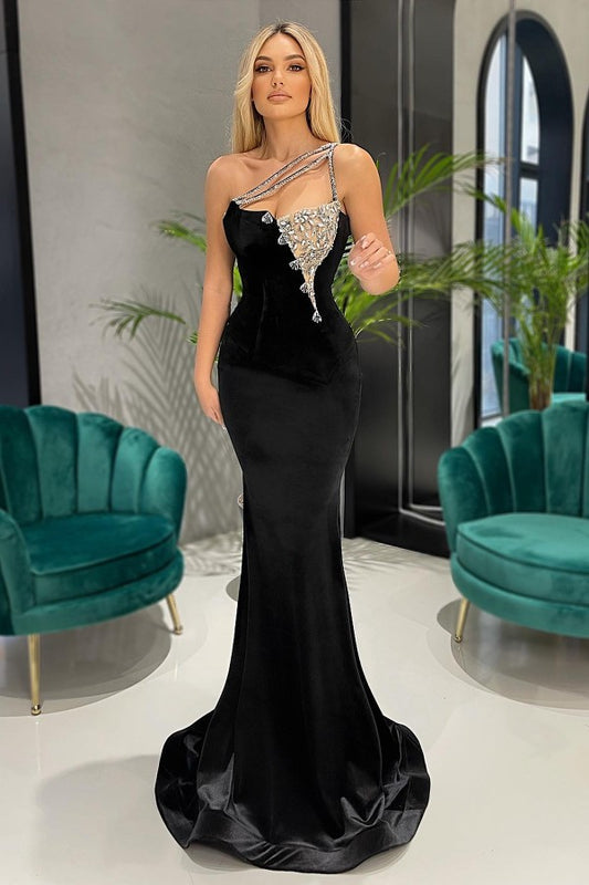 Gorgeous One Shoulder Black Mermaid Prom Dress Long With Crytsal