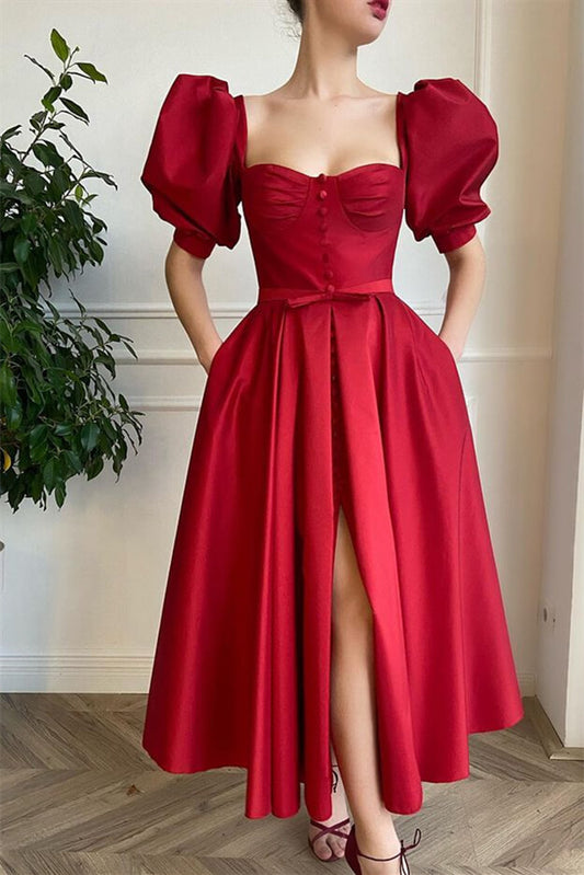 Gorgeous Burgundy Bubble Sleeves Prom Dress Front Split With Buttons