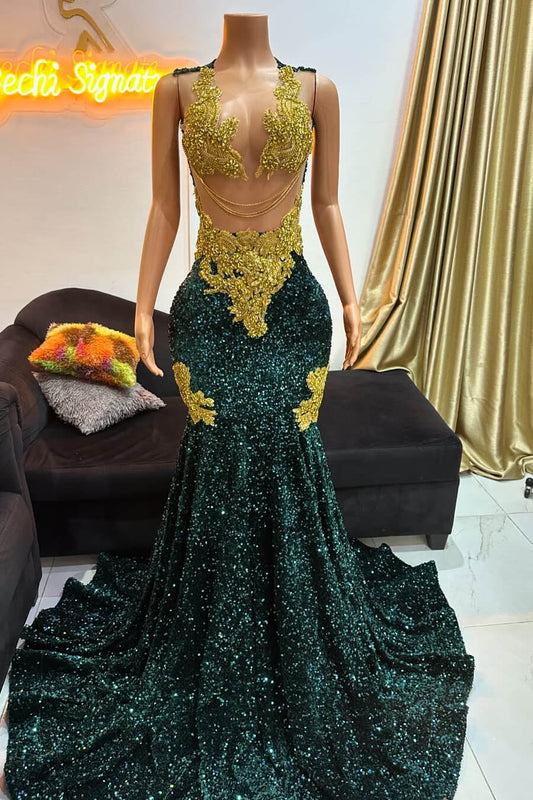 Modern Dark Green Mermaid Sequins Prom Dress Sleeveless With Gold Beads