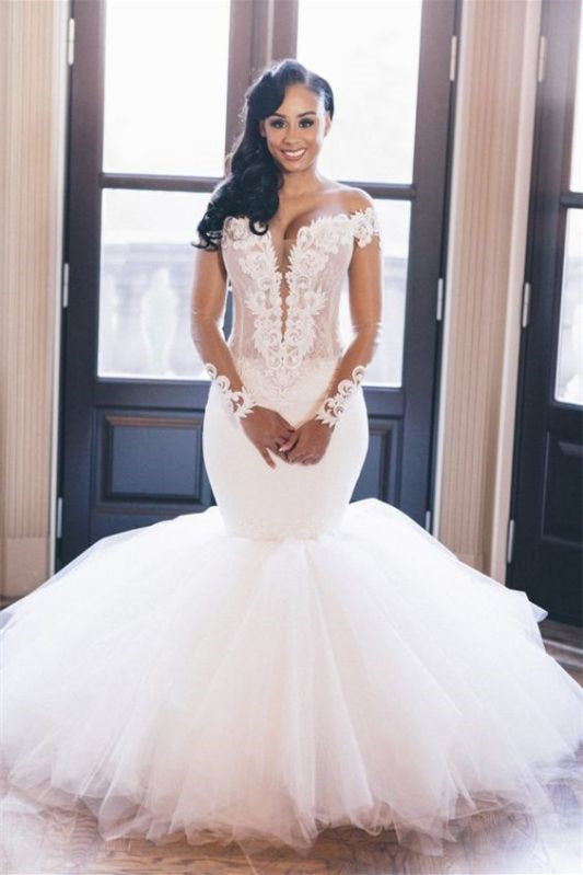 Elegant Off-the-Shoulder Mermaid Wedding Dress with Long Sleeves and Tulle Appliques