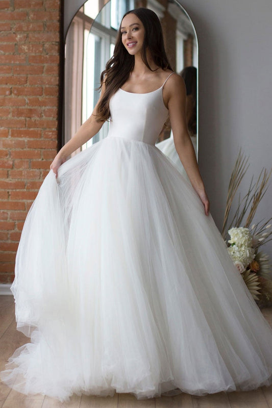 Long Wedding Dress with Tule Spaghetti Straps