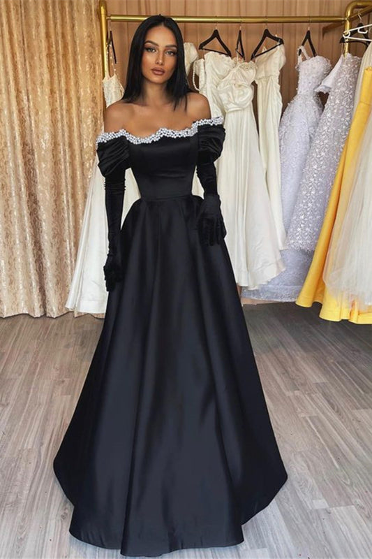 Elegant Off-the-Shoulder Black Prom Dress Long A-Line With pearls