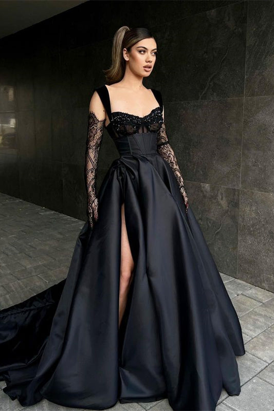 Chic Black Straps Sweetheart Prom Dress Slit With Beads