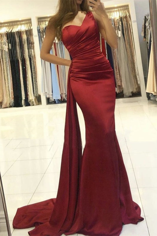 One Shoulder Burgundy Mermaid Prom Dress With Ruffle
