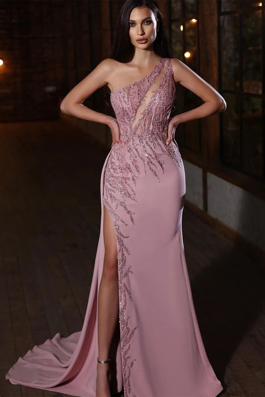 Modern One Shoulder Pink Prom Dress Mermaid Long Slit WIth Beads Sequins