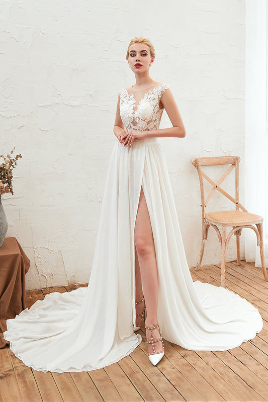 Elegant Bateau Neckline Chiffon Lace Wedding Gown with Ruffles and Slit