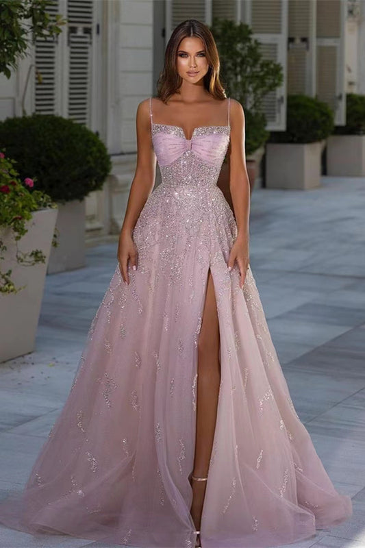 Classic Pink Spaghetti-Straps Prom Dress Sleeveless A-Line Long With Slit Beads