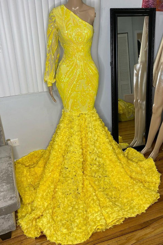Classy Yellow One Shoulder Prom Dress Mermaid Sequins Long