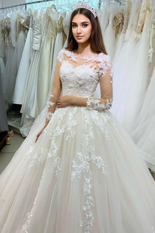 Elegant Floor-length Princess Wedding Dress in Bateau Style with Long Sleeves and Lace Appliques