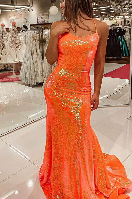 Gorgeous Shinning Orange Mermaid Prom Dress Sequins With Spaghetti-Straps