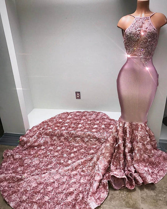 Gorgeous Pink Halter Mermaid Prom Dress Flower Bottom Evening Gown With Appliques