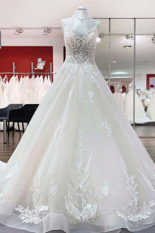 Elegant V-neck Spaghetti-Strap Tulle Ball Gown Bridal Dress Featuring Lace Ruffles
