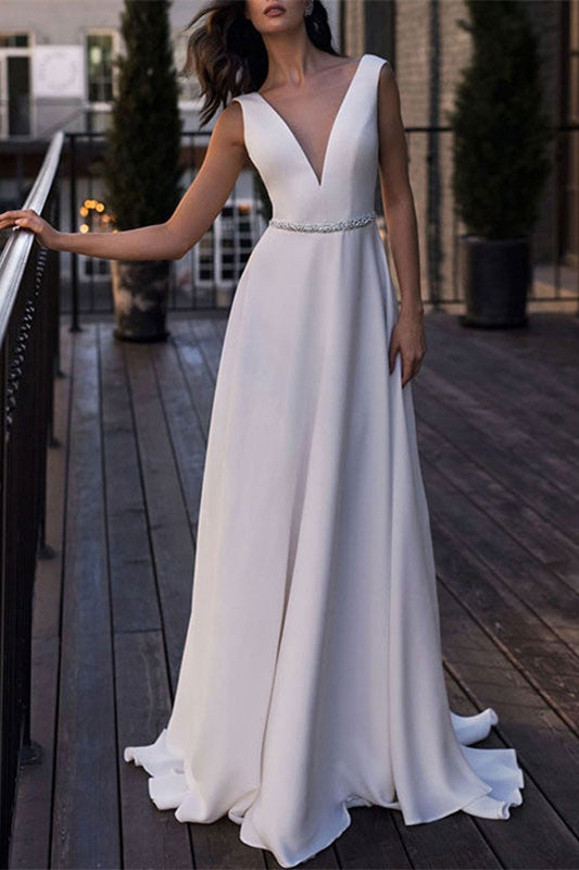 Backless V-Neck Long Wedding Dress