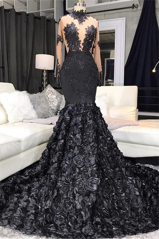 Modern Long Sleeves Black Mermaid Appliques Prom Dress With Flowers Bottom