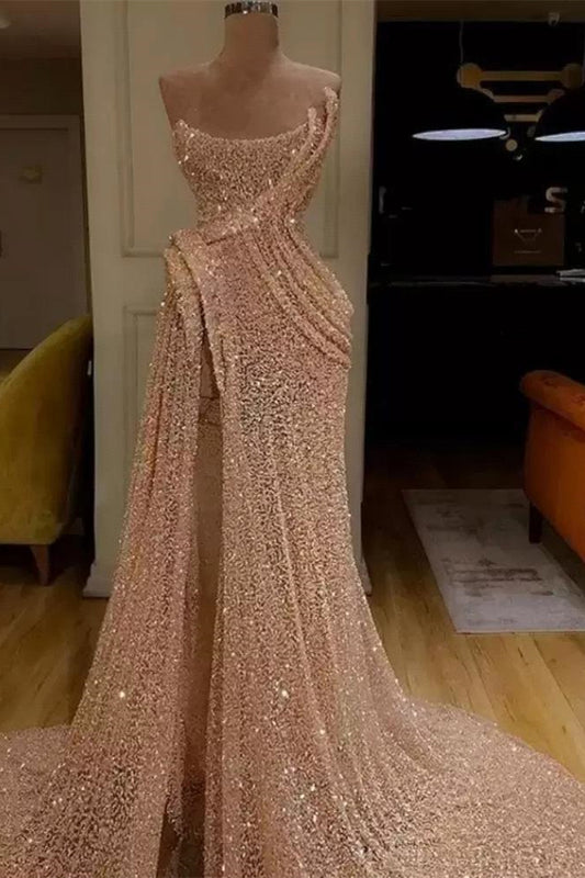 Gorgeous Strapless Sequins Prom Dress Long Evening Party Gowns With Slit