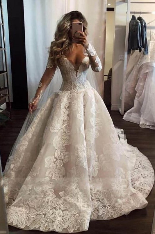 Elegant Pearl-Embellished Floor-Length A-Line Wedding Gown with Deep V-Neck and Lace Appliques