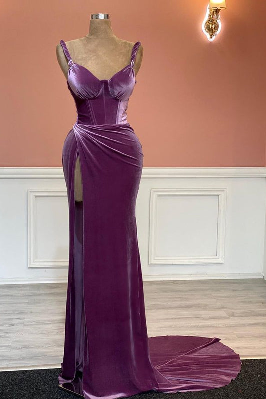 Modern Purple Sweetheart Mermaid Velvet Prom Dress With Split