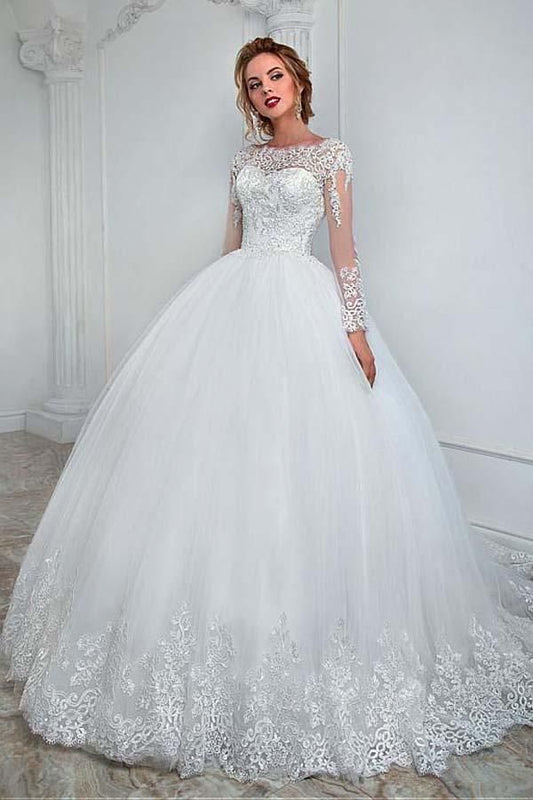 Elegant Long-Sleeve Jewel Ball Gown Wedding Dress in Tulle Lace