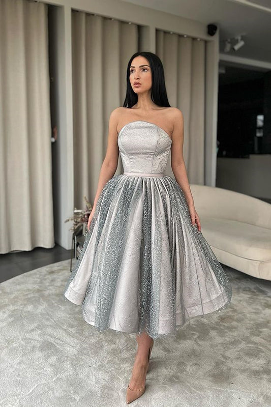 Classy Silver Strapless Tulle Sequins Short Prom Dress On Sale
