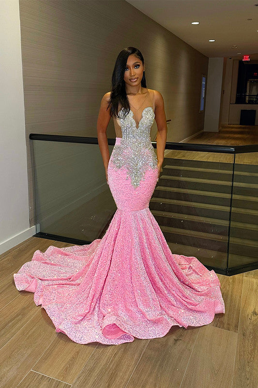 Classic Pink Sequins V-Neck Prom Dress Sleeveless With Crystals