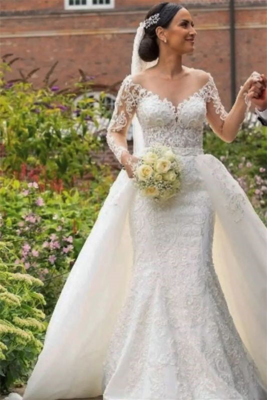 Mermaid Wedding Dress with Detachable Skirt and V-Neck Long Sleeves Lace Appliques
