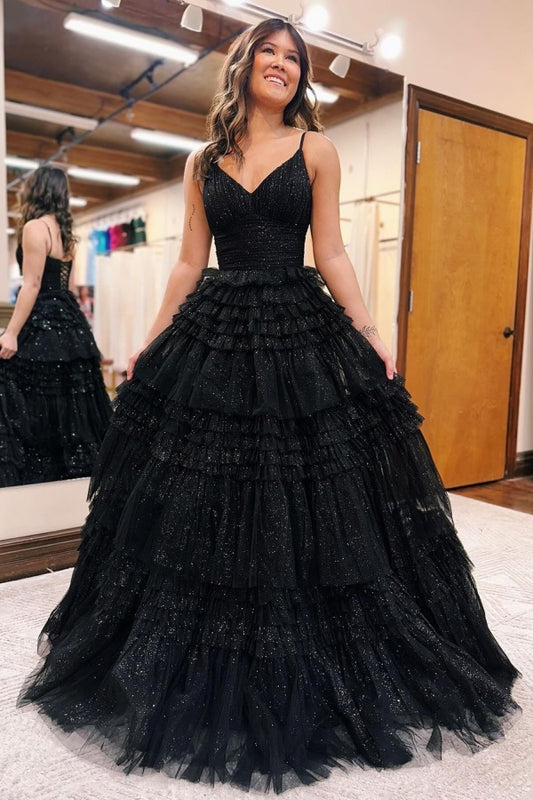 Long Black Tulle Prom Dress Sparkly V Neck Sleeveless Gown